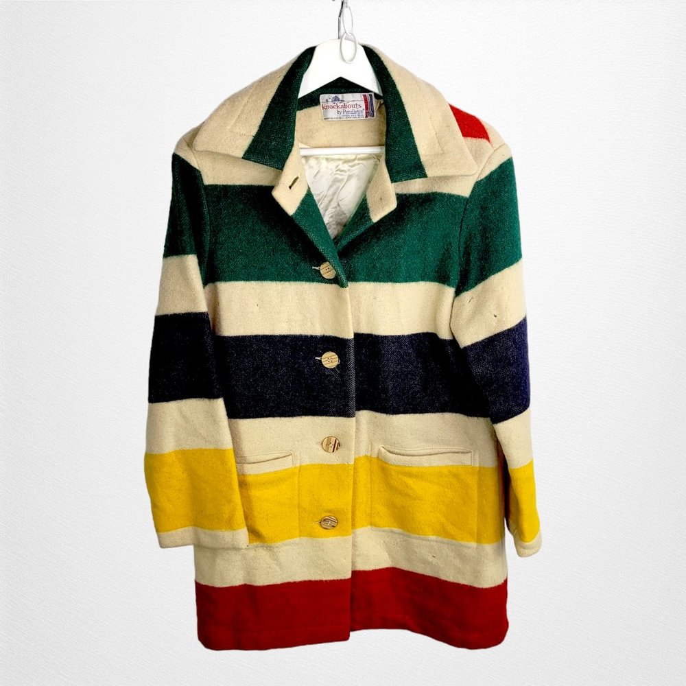 Rare PENDLETON KNOCKABOUTS Hudson Bay Blanket Coat Multi Stripe Sz M HAS ISSUES